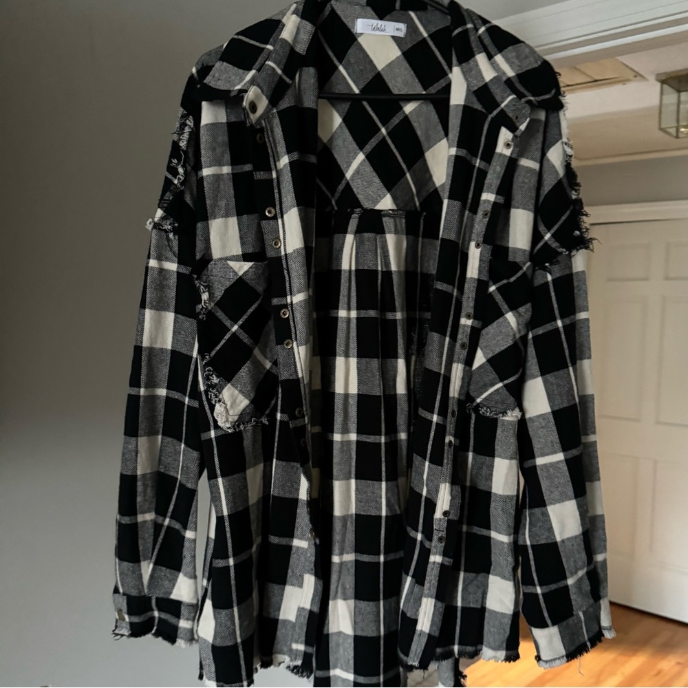 Oversized plaid button up with fringe/distress